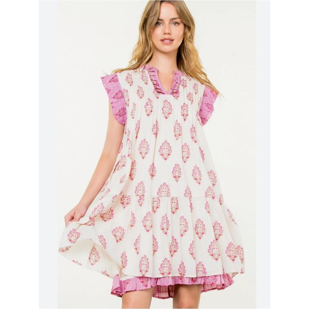 THML Anthropologie Pink Pintuck Sleeveless Floral Mini Dress